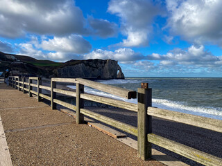 Etretat, France, Normandy 10 January 2026. Storm Dorrit damage in Etretat, Normandy &ndash; destroyed coastal promenade after hurricane