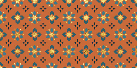 Seamless Islamic geometric pattern with arabesque stars and golden foil texture in terracotta, navy and teal colors for Ramadan holiday background, vector illustration