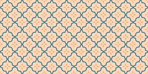 Minimalistic seamless arabesque pattern with gold star motifs and blue tile outlines on a beige background, for design of Ramadan greetings, textile or confectionery, vector illustration
