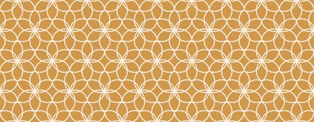 Seamless geometric flower pattern in minimalist line art style on ochre background for Islamic holiday decoration or fabric print, vector illustration