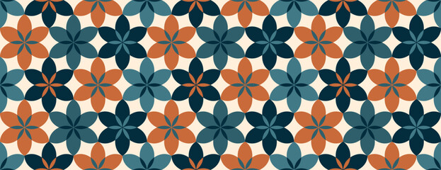 Seamless geometric floral pattern in flat minimalist style with terracotta and navy blue colors for Ramadan holiday backdrop or textile design, vector illustration