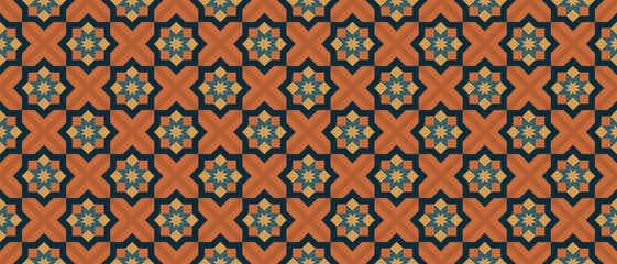 Seamless Islamic geometric pattern with arabesque star motifs in terracotta and navy blue colors for Ramadan celebration backdrop and textile design, vector illustration
