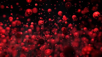 An abstract depiction of numerous glowing red spheres floating within a dark blurred and undefined background space - Powered by Adobe