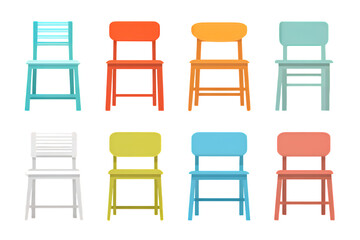 A set of eight colorful chairs in blue, orange, yellow, white, and red hues arranged in two rows on transparent background