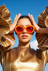 Woman in gold outfit and trendy sunglasses posing dramatically outdoors