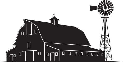 Traditional Rural Silhouette of a Large Farm Barn with a Classic Windmill