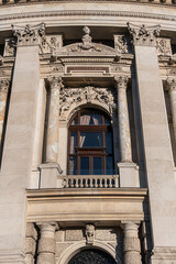 Architectural details of historic Vienna Burgtheater (Imperial Court Theatre) or &ldquo;K.K. Hofburgtheater&rdquo;, 1888. Sunset. VIENNA, AUSTRIA.