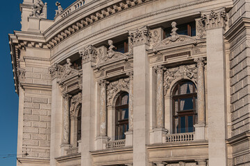 Architectural details of historic Vienna Burgtheater (Imperial Court Theatre) or &ldquo;K.K. Hofburgtheater&rdquo;, 1888. Sunset. VIENNA, AUSTRIA.