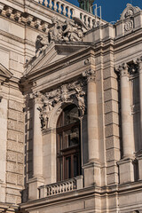 Architectural details of historic Vienna Burgtheater (Imperial Court Theatre) or &ldquo;K.K. Hofburgtheater&rdquo;, 1888. Sunset. VIENNA, AUSTRIA.