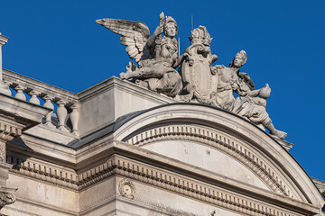 Architectural details of historic Vienna Burgtheater (Imperial Court Theatre) or &ldquo;K.K. Hofburgtheater&rdquo;, 1888. Sunset. VIENNA, AUSTRIA.