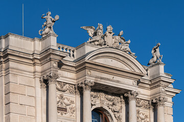 Architectural details of historic Vienna Burgtheater (Imperial Court Theatre) or &ldquo;K.K. Hofburgtheater&rdquo;, 1888. Sunset. VIENNA, AUSTRIA.