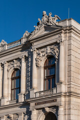 Architectural details of historic Vienna Burgtheater (Imperial Court Theatre) or &ldquo;K.K. Hofburgtheater&rdquo;, 1888. Sunset. VIENNA, AUSTRIA.