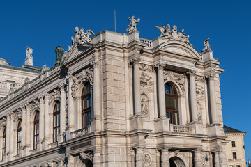 Architectural details of historic Vienna Burgtheater (Imperial Court Theatre) or &ldquo;K.K. Hofburgtheater&rdquo;, 1888. Sunset. VIENNA, AUSTRIA.