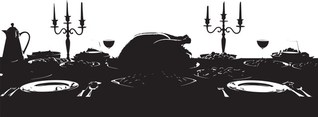 Formal Silhouette of a Thanksgiving Dinner Table with Roasted Turkey and Candelabras
