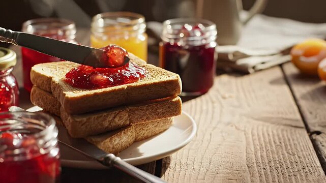 Morning Toast with Assorted Jams - A cozy breakfast scene featuring a stack of toasted bread slices being spread with vibrant red jam.