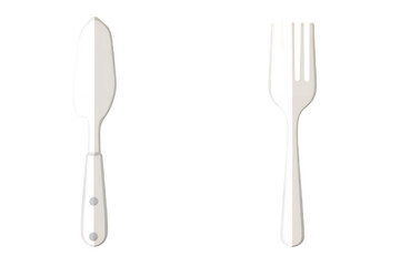 A white butter knife and fork displayed side by side on transparent background