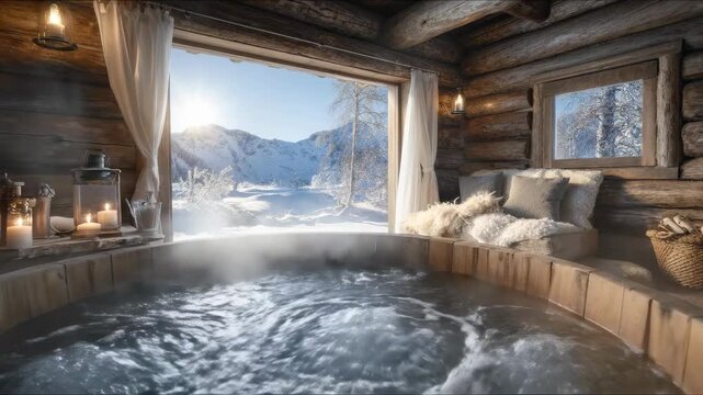 Warm wooden spa bath steaming inside a luxurious log lodge. Expansive snowy alpine scenery, bright sun filtering through, ultimate winter comfort and peace.