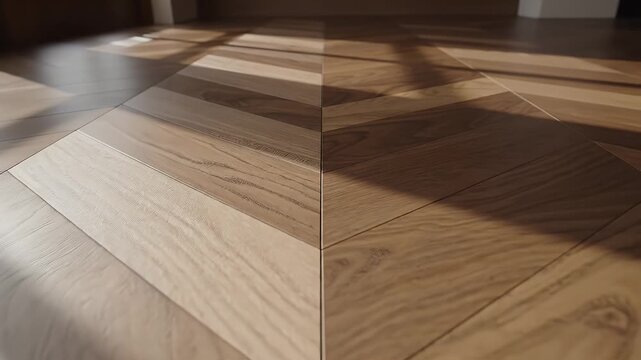 Close-Up of Sunlit Wooden Parquet Floor - A detailed view of a wooden parquet floor with a chevron pattern, highlighted by natural sunlight.