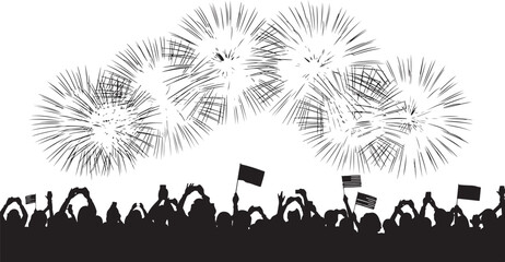 Patriotic Crowd Silhouette Celebrating with Fireworks and American Flags at Night Event
