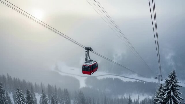Red cable car suspended over a snowy mountain valley during a blizzard. Gondola lift moving through thick fog and blowing snow in a winter ski resort