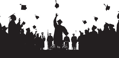 Graduation Ceremony Silhouette with Students Throwing Mortarboard Caps in the Air to Celebrate Success