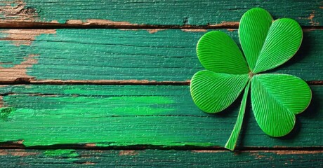 Green clover rests upon weathered wooden planks. Texture visible, vibrant color contrasts dark background. Symbolism suggests luck, nature.