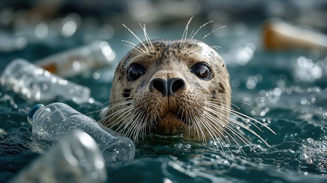 Harbor seal swimming in ocean water full of plastic bottles. Marine wildlife surrounded by floating garbage and waste. Environmental pollution concept