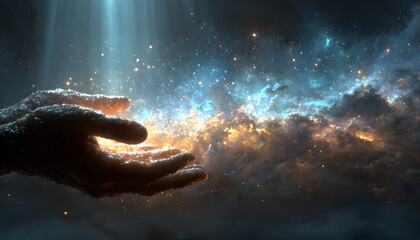 Hands creating a cosmic energy vortex. Lights align in a spiritual flow. Universe opens with mystic power, pure magic, spiritual connection.