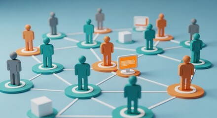 3D network connection people icons with computer screens linked together on a blue background