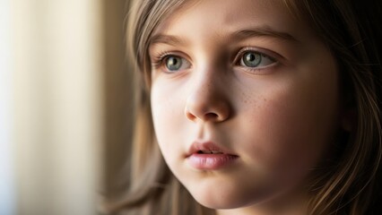 Fototapeta premium A young girl with freckles and green eyes looking directly at the camera with a neutral expression