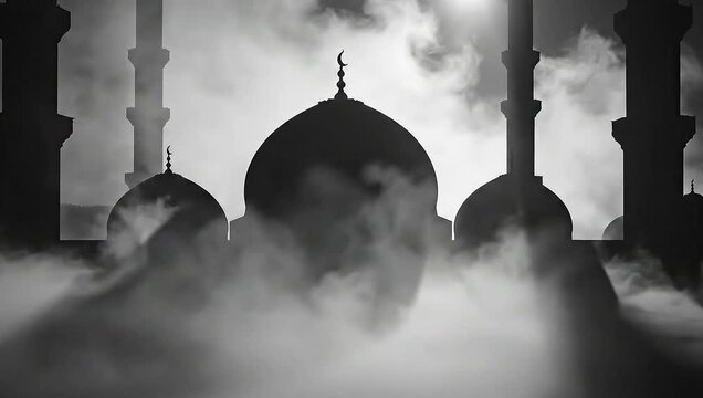 Silhouette of a mosque with domes and minarets shrouded in fog during twilight