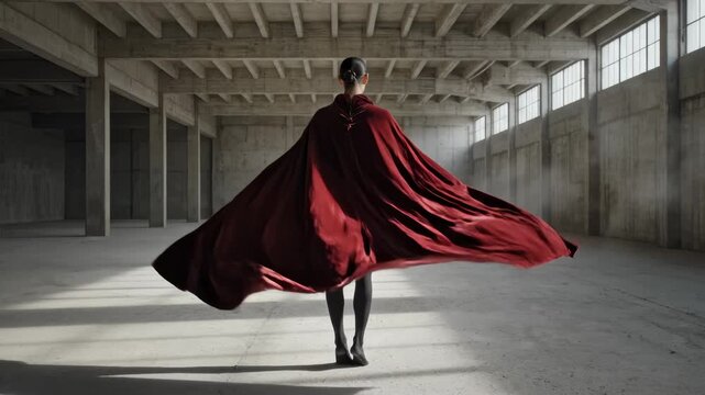 Elegant Woman With Red Cape Flips and Walks in Concrete Hallway