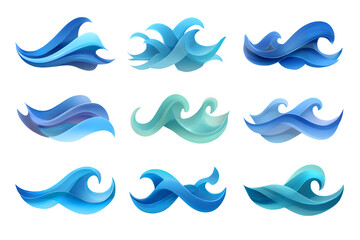 A collection of nine stylized blue wave illustrations arranged in three rows on transparent background