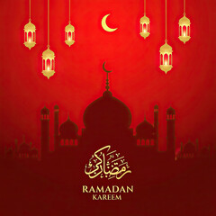 Celebrating ramadan kareem with traditional lanterns and mosque silhouettes