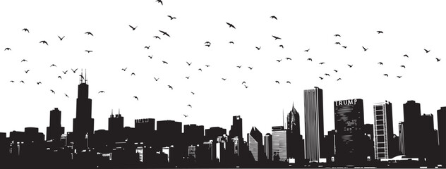 Urban City Skyline Silhouette with Birds Flying Across the Sky Above Skyscrapers