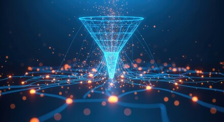 Abstract blue wireframe funnel filters glowing orange particles with data flow and network connections.
