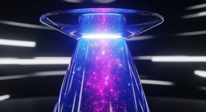 Abstract futuristic UFO with vibrant purple and blue energy beam and glowing particles. - Powered by Adobe