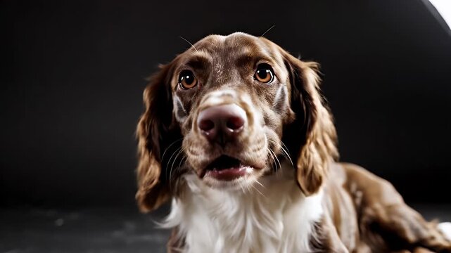 Springer Spaniel Portrait - A low angle close-up studio shot of a Springer Spaniel dog with brown and white fur against a dark background.