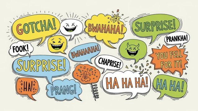 Large Collection of Hand-Drawn Speech Bubbles with Prank-Related Exclamations and Emoji Faces, in a Bright Studio.