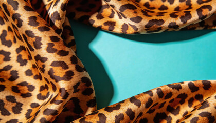Leopard print fabric on turquoise background with elegant folds