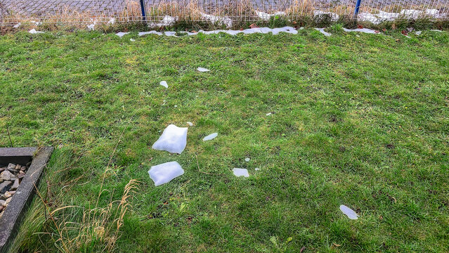 Patches of melting snow scattered across a green lawn in late winter or early spring