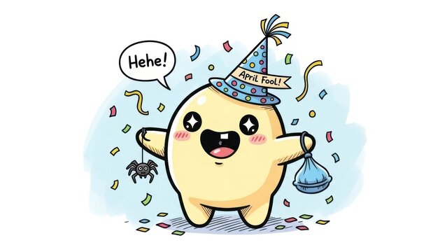 Cute Yellow Cartoon Character with Party Hat and Spider Surrounded by Confetti, Expressing Playful Surprise, Isolated White Background.
