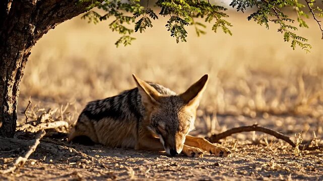 Jackal Sleeping Under a Tree - A black-backed jackal rests peacefully in the shade of a tree. The warm light of the African sun bathes the scene in a golden glow.