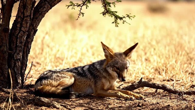 Jackal Resting in Shaded Savannah - A jackal is lying in the shade of an acacia tree, seeking relief from the sun in a dry, grassy savannah landscape.