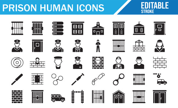 Prison human outline icon set with editable stroke.