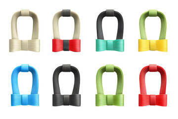 A collection of eight colorful resistance bands on transparent background