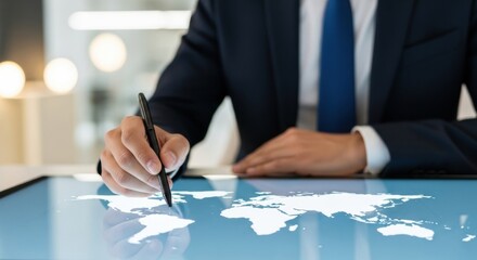 Close up of a man in a suit using a stylus to interact with a digital world map on a table.