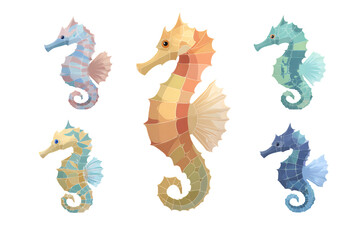 A group of colorful seahorses with mosaic patterns on transparent background