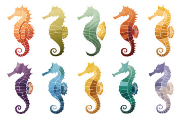 A collection of ten seahorses in different colors arranged in two rows against a black background with a transparent background effect on transparent background