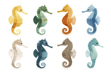 A collection of eight colorful seahorses in different shades arranged in two rows on transparent background
